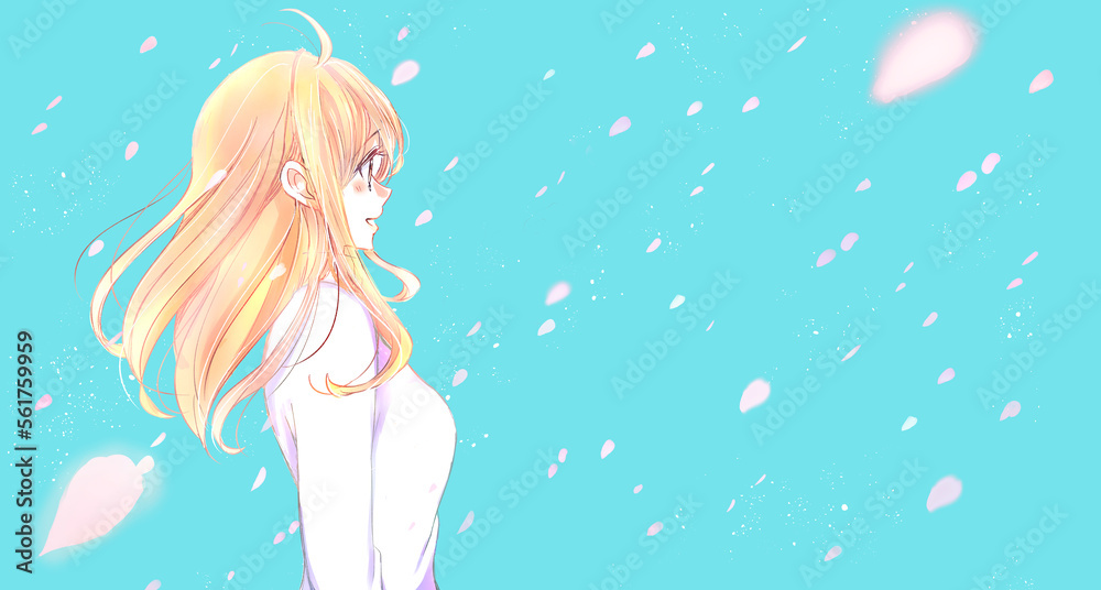穏やかな表情の女性　桜吹雪　青空
