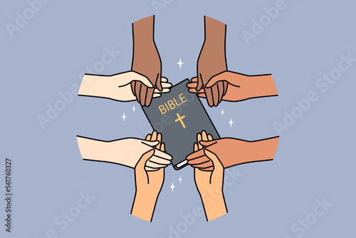Closeup of diverse interracial people hold hands praying together. Multiethnic group holding bible engaged in prayer. Religion and faith. Vector illustration. 