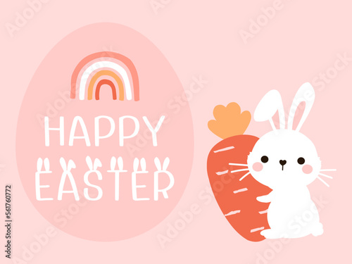 Easter bunny rabbit cartoon, carrot, rainbow, hand drawn fonts and Easter egg on pink background vector.