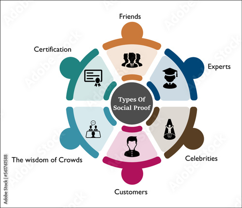 Types of social proofs with icons in an infographic template