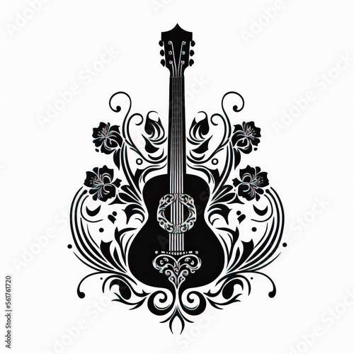 Spanish guitar drawing tattoo design with black inks on white background. musical instruments created with Generative AI technology