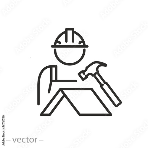 roof worker icon, roofer profession, maintenance with inspection roofing, thin line symbol - editable stroke vector illustration