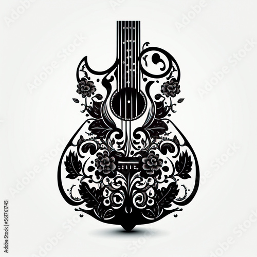 guitar drawing tattoo design with black inks on white background. musical instruments created with Generative AI technology