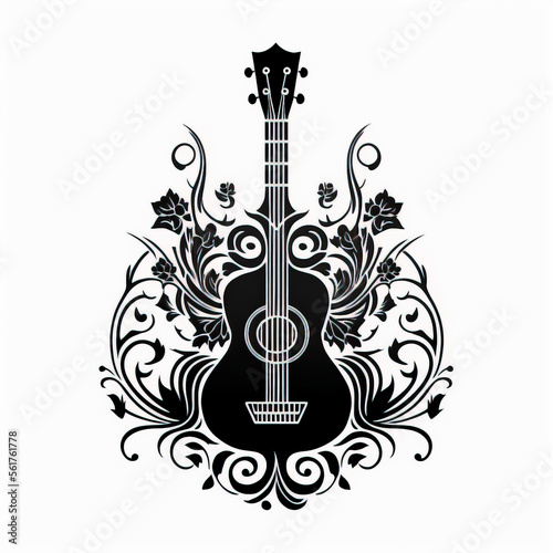 guitar drawing tattoo design with black inks on white background. musical instruments created with Generative AI technology