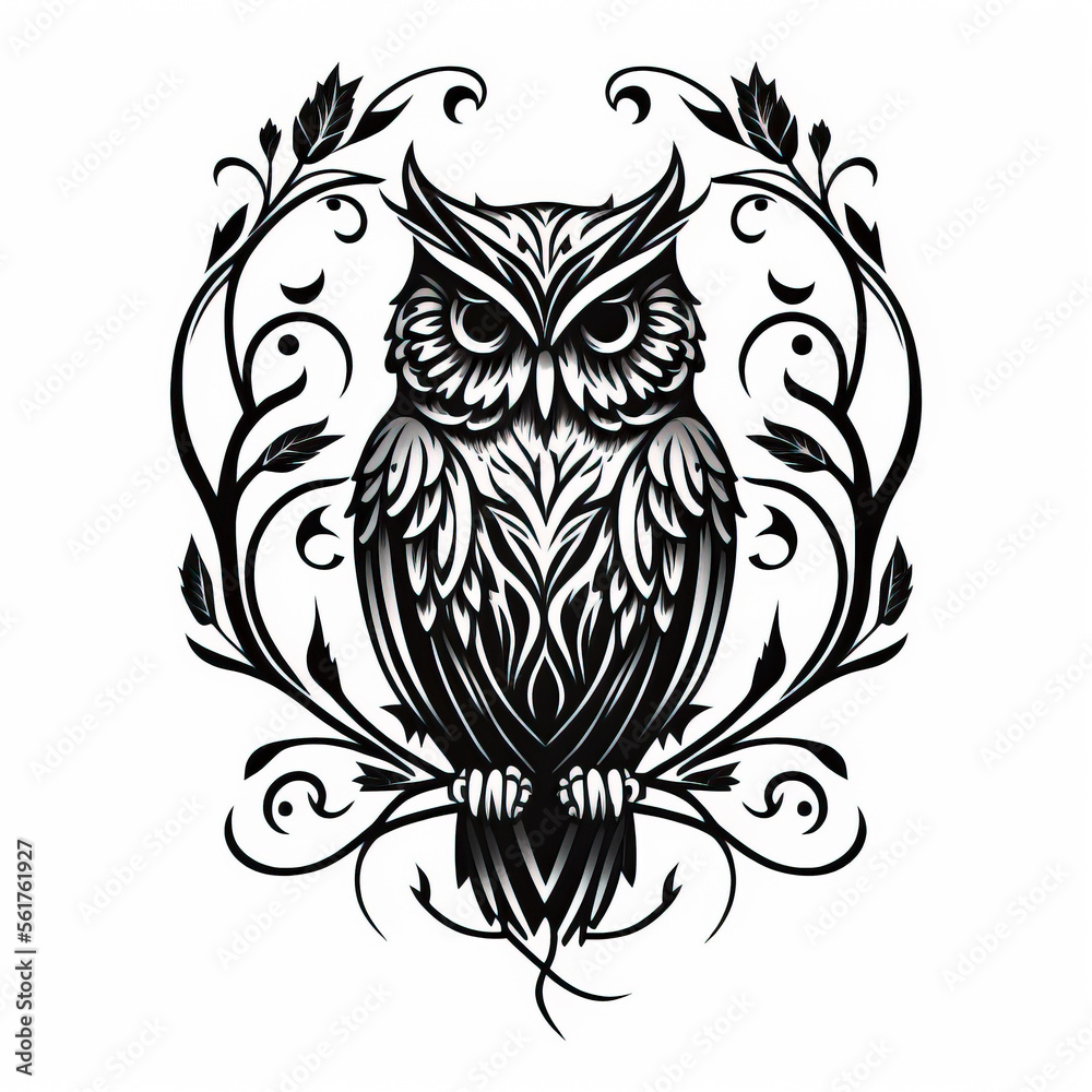 owl tattoo sketch on white background. black ink and geometry created ...