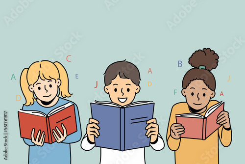 Smiling little children reading books together. Happy kids have fun enjoy literature at school. Education and learning. Vector illustration. 