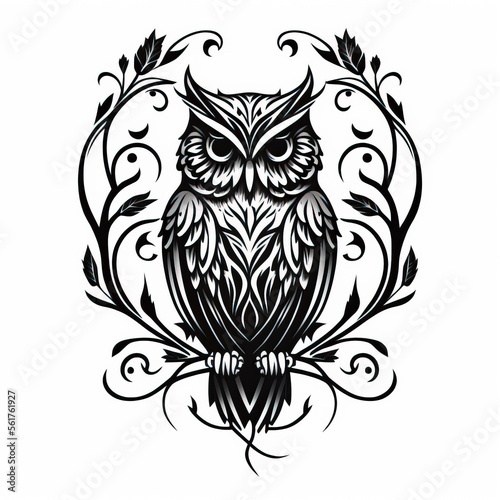 owl tattoo sketch on white background. black ink and geometry created with Generative AI technology