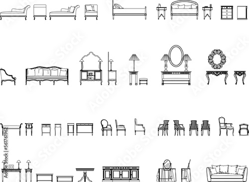 collection of sketches of vector illustrations of interior furnishings for rooms