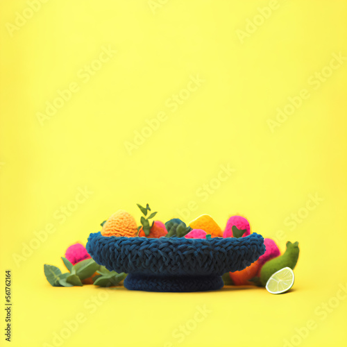 Fruits and plants made of wool, against a yellow background with a summer theme. The background has empty copy space for text and quotes. Generative AI.