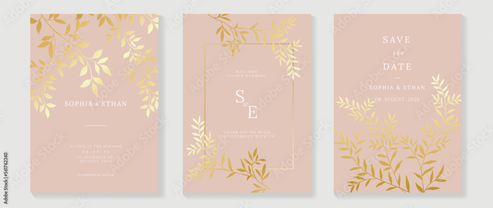 Luxury wedding invitation card background vector. Golden texture botanical floral leaf branch with geometric frame line art template. Design illustration for wedding and vip cover template, banner. Luxury wedding invitation card background vector. Golden texture botanical floral leaf branch with geometric frame line art template. Design illustration for wedding and vip cover template, banner.