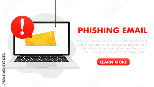 Data phishing, hacking online scam on computer laptop concept. Phishing by email, envelope and fishing hook symbol. Business concept. Vector illustration