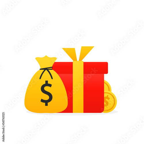 Red gift boxes with yellow ribbon, bonus money, earn points, win a prize, cashback for purchases, birthday gift .Reward gift box icon, bonus money concept, sale discount program. Vector illustration
