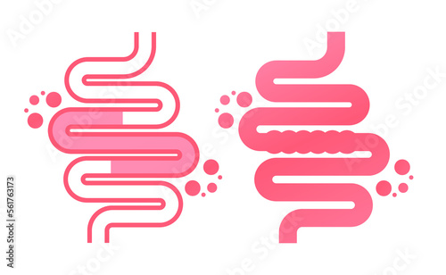 Colitis. Gut constipation icon. Abdominal, bloating vector. Stomach. Gastroenterology for medical design. Health care. Stomach set icon for medical design. Vector illustration