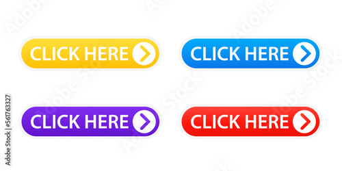 Click here button with arrow pointer click on white isolated background. Vector illustration