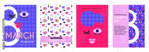 women's day greeting card set and posters. Happy women's day with pattern and abstract woman face. Strong and brave girls support each other. Sisterhood and females friendship. Vector illustration