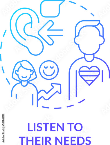 Listen to their needs blue gradient concept icon. Inclusion providing. Support LGBTQ seniors abstract idea thin line illustration. Isolated outline drawing. Myriad Pro-Bold font used