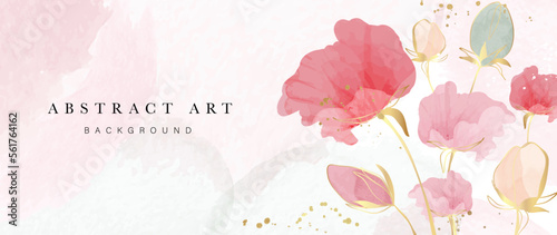 Abstract art background vector. Luxury watercolor botanical flowers with golden ink splatter texture background. Art design illustration for wallpaper, poster, banner card, print, web and packaging.  #561764162