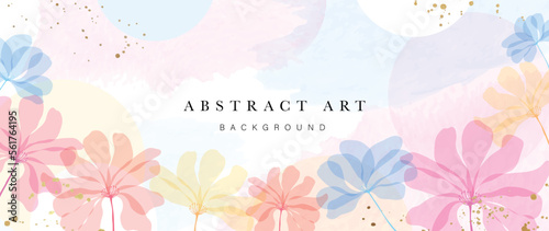Abstract art background vector. Luxury watercolor botanical flowers with golden ink splatter texture background. Art design illustration for wallpaper, poster, banner card, print, web and packaging.  #561764195