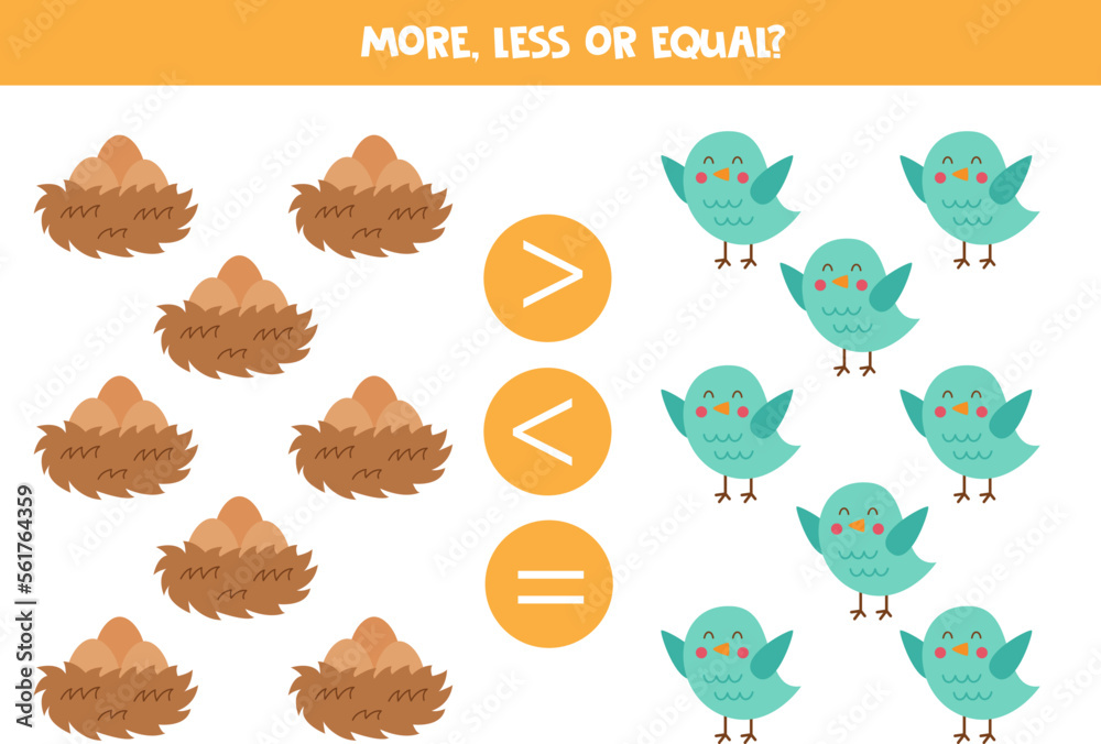 More, less or equal with cute birds and nests. More, less or equal with cute birds and nests.