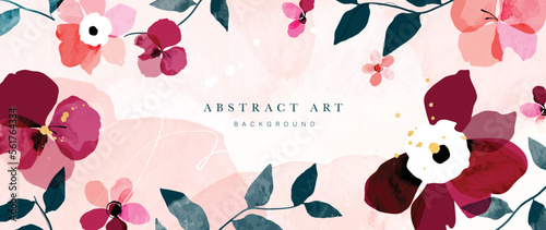 Abstract art background vector. Luxury watercolor flowers with line art and gold ink splatter texture background. Art design illustration for wallpaper, poster, banner card, print, web and packaging. 