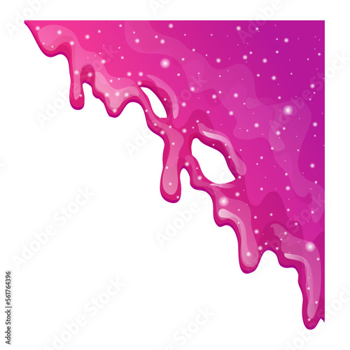 Pink or purple corner slime, sticky liquid with glitter in cartoon style isolated on white background. Splash, border.