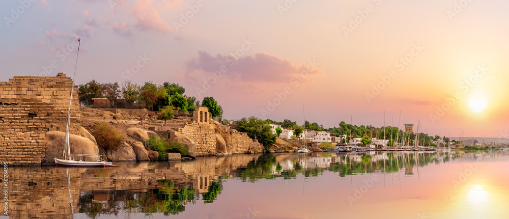 Aswan city in Egypt, beautiful sunset scenery of the Nile river