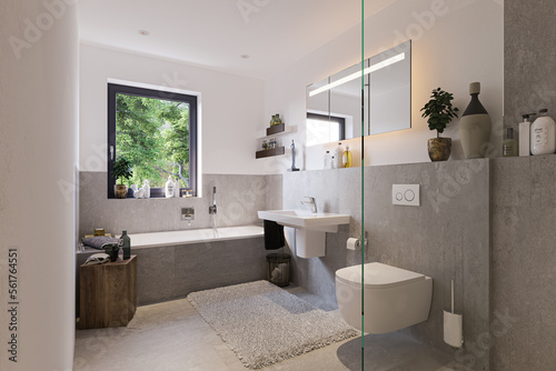 modern bathroom in apartment interior with tiles and furniture