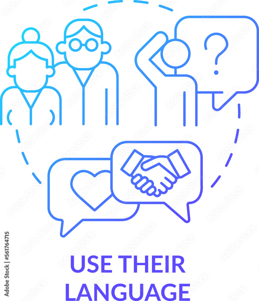 Use their language blue gradient concept icon. Respectful communication. Support LGBTQ seniors abstract idea thin line illustration. Isolated outline drawing. Myriad Pro-Bold font used Use their language blue gradient concept icon. Respectful communication. Support LGBTQ seniors abstract idea thin line illustration. Isolated outline drawing. Myriad Pro-Bold font used