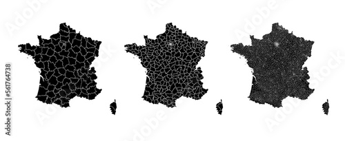 France map municipal, region, state division. Administrative borders, outline black on white background vector.