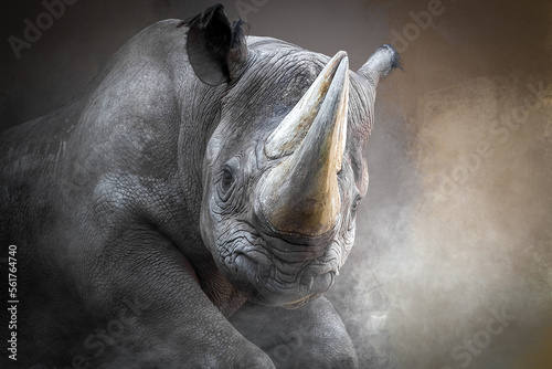 Charging rhino in a cloud of smoke