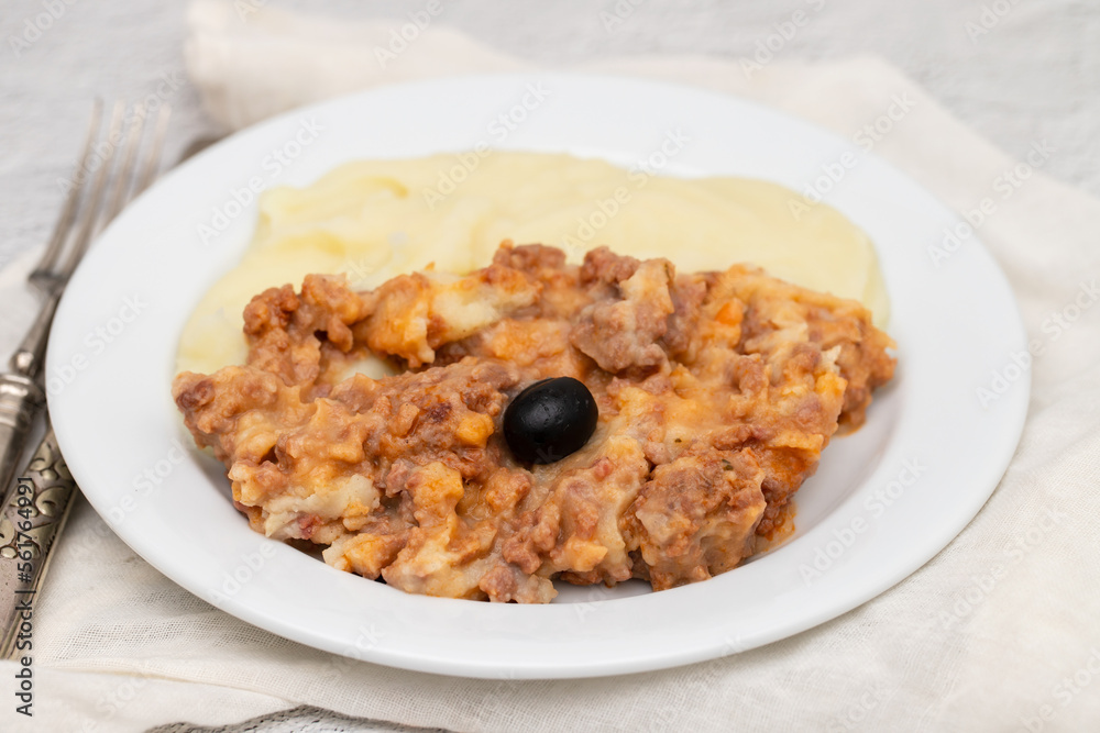 Minced meat and mashed potato on white plate Minced meat and mashed potato on white plate