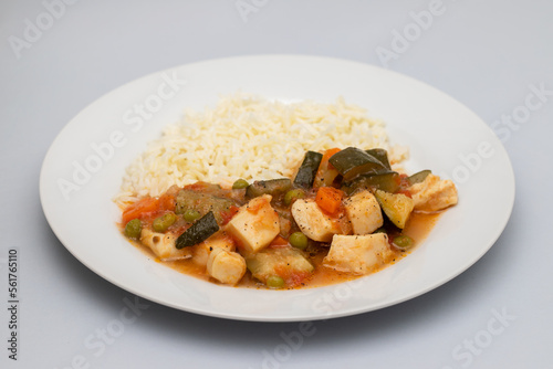 squid stew with vegetables and boiled rice on plate