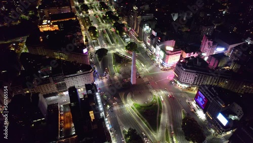 Aerial orbit establishing of the microcenter of Buenos Aires, Argentina. Main monument of the city, Obelisk with neon advertisements around it. photo