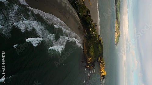 Huriawa peninsula and Karitane beach, Pacific coast of South Island New Zealand, aerial vertical photo