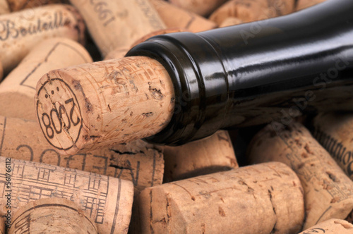 Bouteille de vin rouge sur des bouchons en liège photo