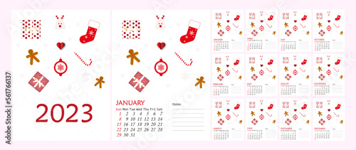 Calendar 2023. calendar template on pink background. Designed christmas things and red colours. week starts on sunday
