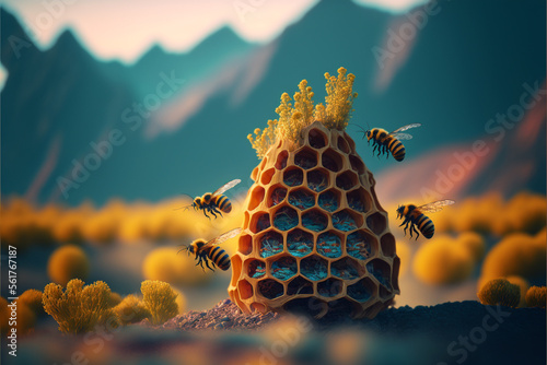 Fotografija swarm of thousands of bees working at bee honeycomb