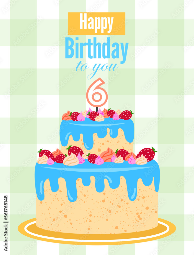 Bright cheerful birthday card invitation with a cake for children or teenagers. For girls and boys. Suitable for print, postcards, poster. Bright cheerful birthday card invitation with a cake for children or teenagers. For girls and boys. Suitable for print, postcards, poster.