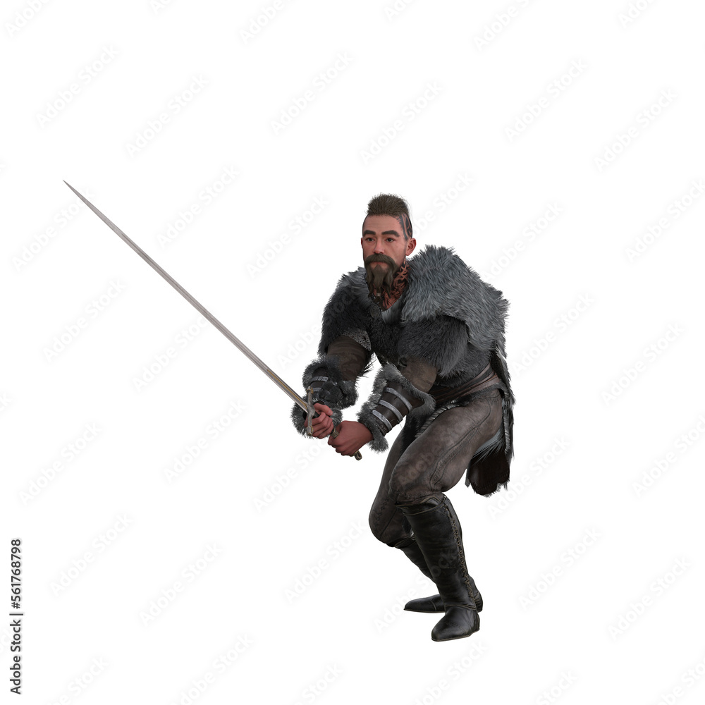 Medieval Viking barbarian warrior holding a sword in both hands poised ready to fight. Isolated 3D illustration. Medieval Viking barbarian warrior holding a sword in both hands poised ready to fight. Isolated 3D illustration.