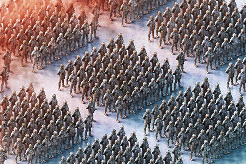 Fototapeta Mobilization of recruits, rows of soldiers in military camouflage uniform