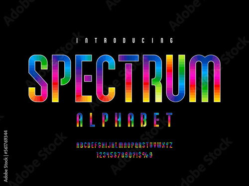 Colorful rainbow style alphabet design with uppercase, numbers and symbols