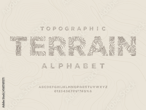 topographic style alphabet design with uppercase, numbers  and symbols