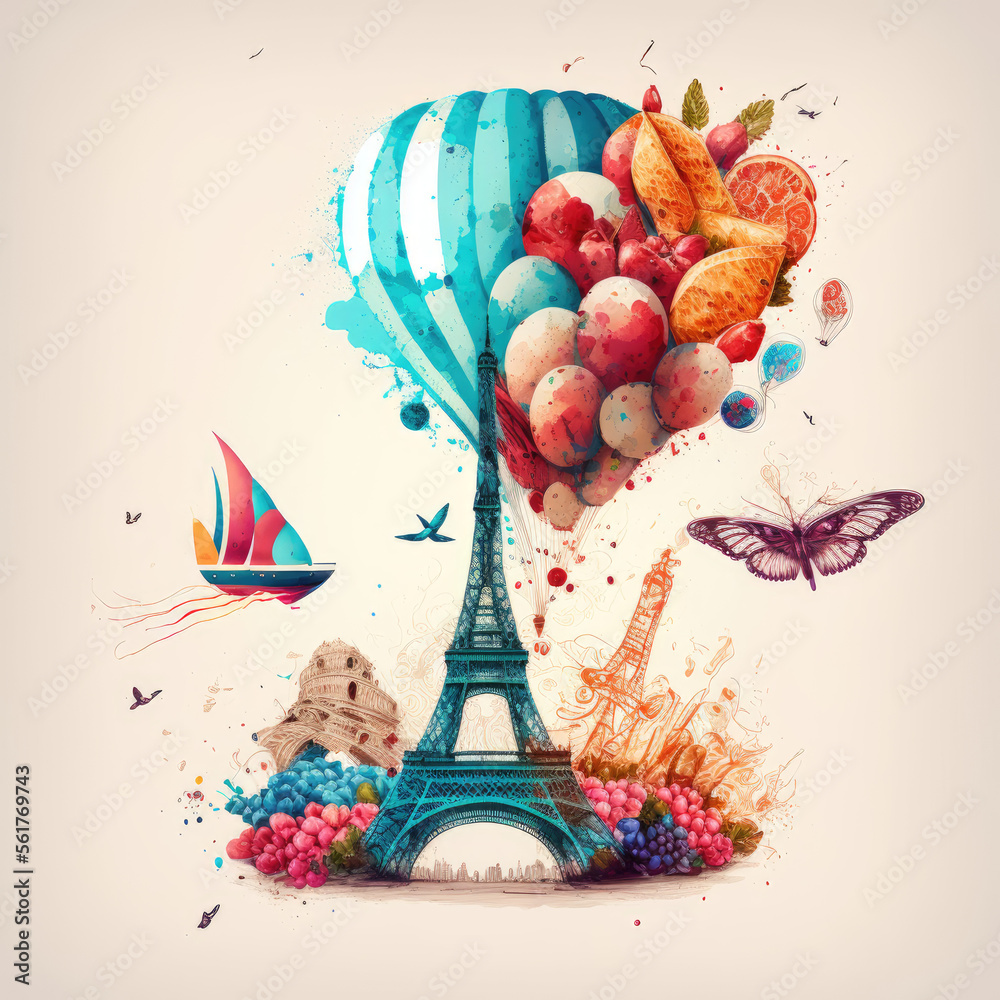 France themed illustration, eiffel tower, bird, flowers, balloons France themed illustration, eiffel tower, bird, flowers, balloons