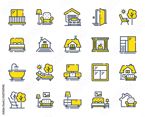 Furniture line icons. Balcony, house terrace and garden deckchair set. Home furniture, bath tub and fireplace line icons. Resort terrace and balcony, outdoor chair. Sliding wardrobe. Vector