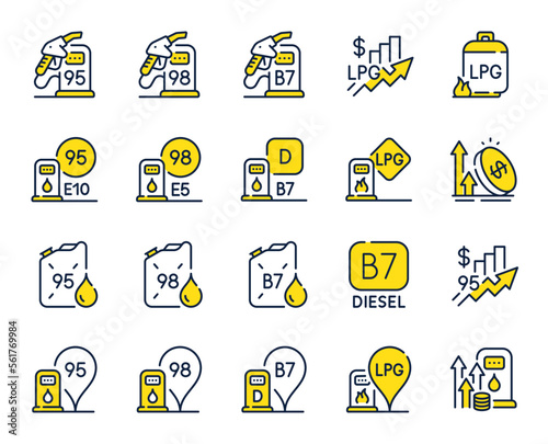 Filling station line icons. Petrol canister, B7 diesel fuel and gas cylinder set. Lpg, fuel filling station and 95 petrol canister line icons. Liquefied gas, rising prices and oil energy. Vector