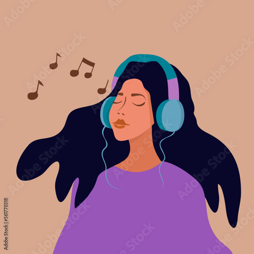 Young woman with headphones listening to music.Music therapy, relaxation, good mood, rest. Flat illustration.