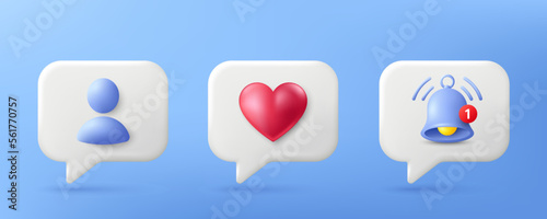 Social media notification 3d icons. Like, friend request and reminder speech bubble. Chat message notification alert, friend profile page and love emotion. 3d like chat bubble. Vector illustration