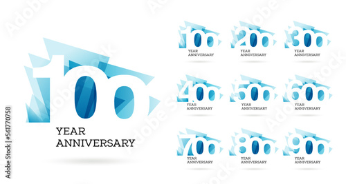 Set one hundred to nine hundred years anniversary logo design, celebrate anniversary logo for celebrating events, invitations, 100, 200, 300, 400, 500, 600, 700, 800, 900, logo sign purpose