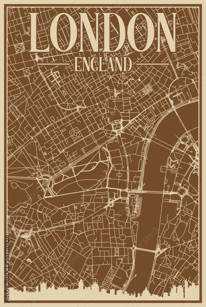 Obraz premium Brown hand-drawn framed poster of the downtown LONDON, ENGLAND with highlighted vintage city skyline and lettering