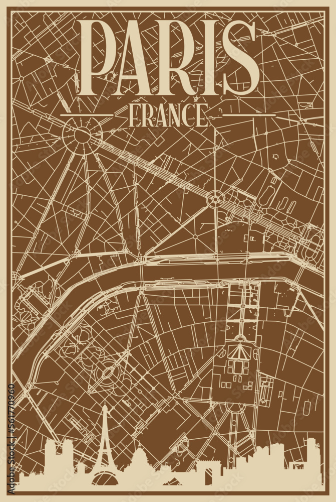 Brown hand-drawn framed poster of the downtown PARIS, FRANCE with highlighted vintage city skyline and lettering